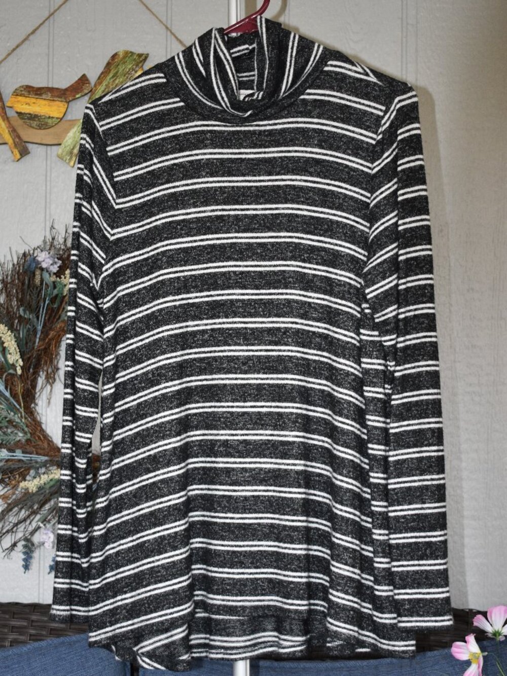 Merona Black White Striped Cowl Neck Tunic Top Sweater XL Cozy Soft